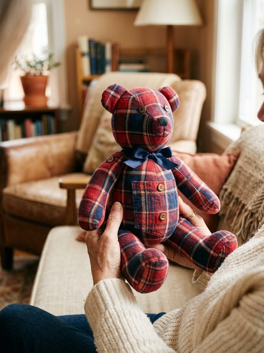 Urso de pelúcia costurado com uma camisa xadrez, segurado nas mãos